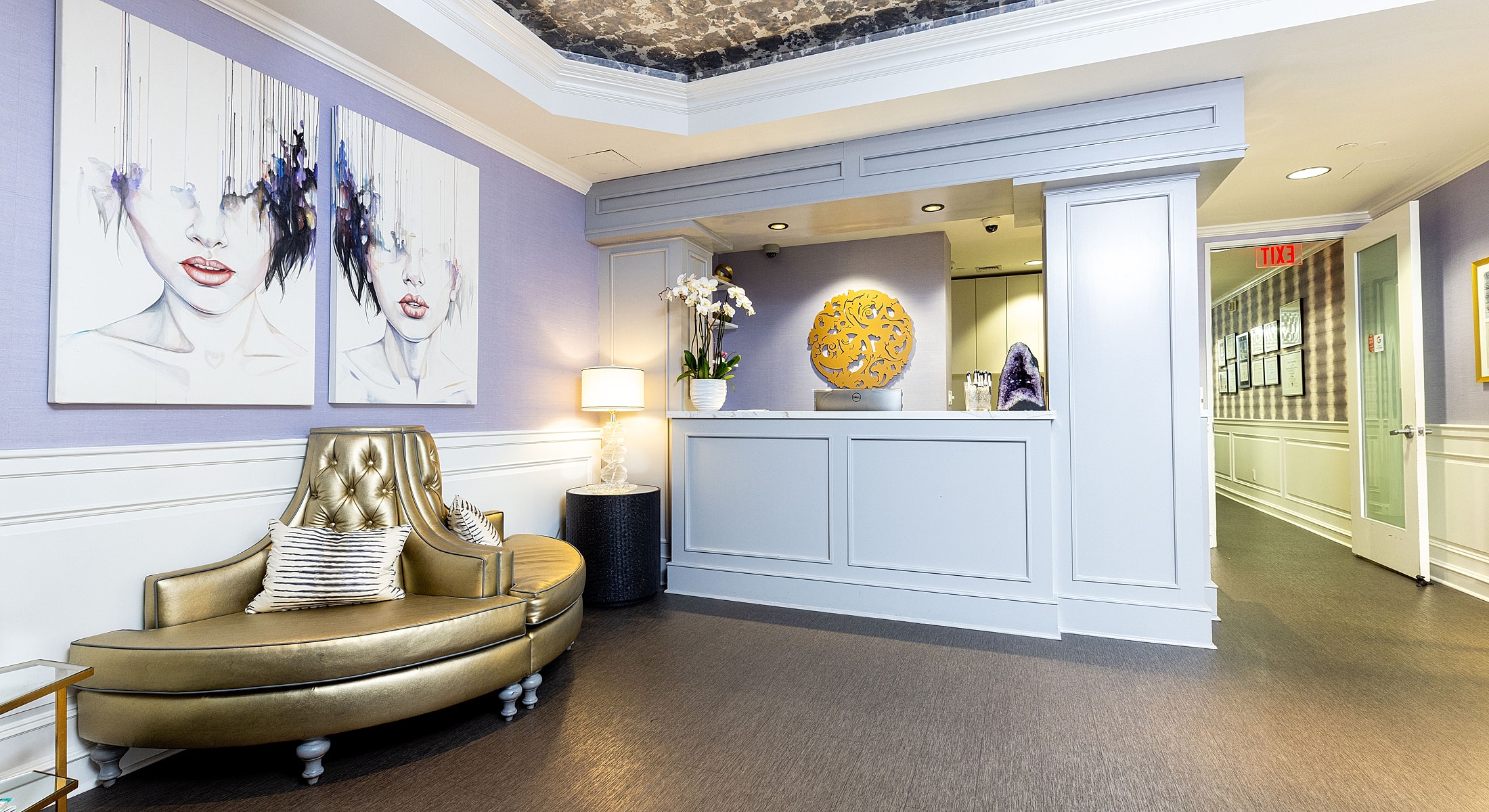 Modern reception area with art and elegant decor.